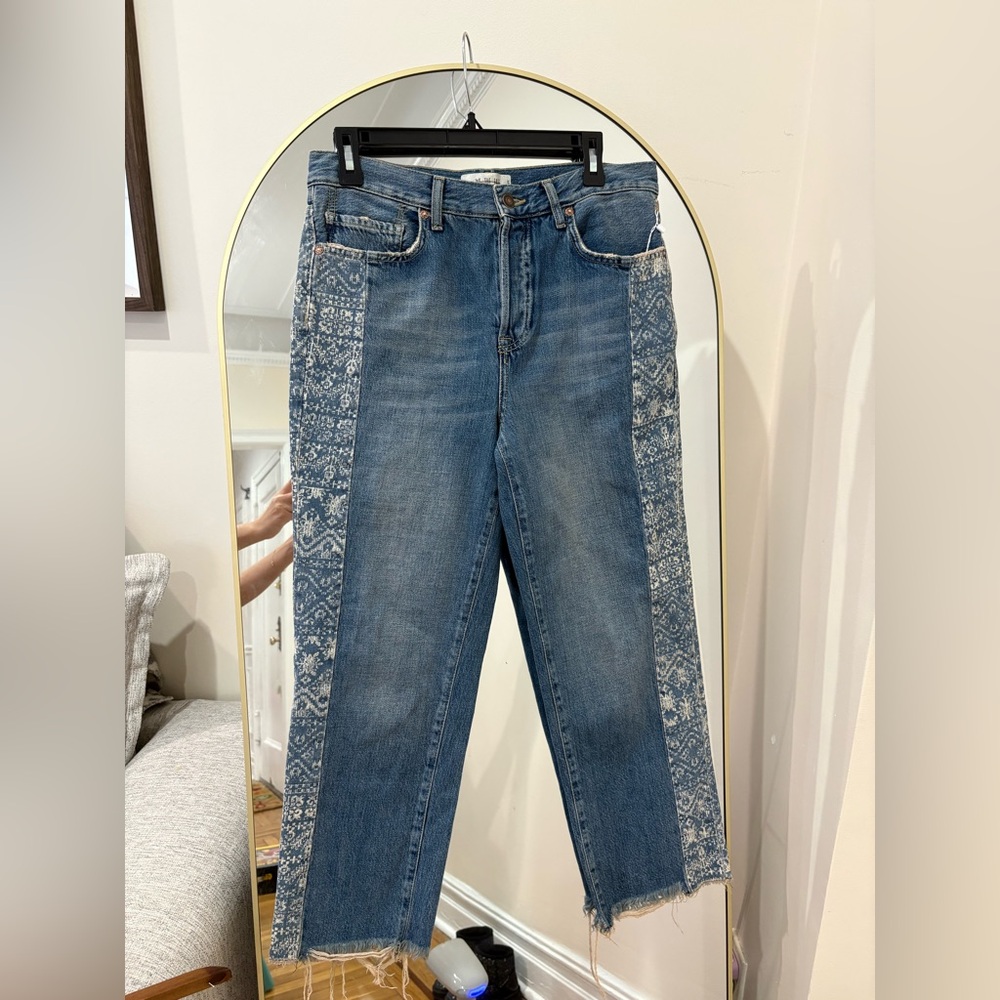 BRAND NEW we the free 27 boho pattern straight leg ankle fringe denim jeans